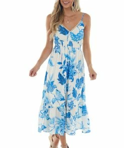 Flying Tomato Royal Blue And Ivory Floral Print Midi Dress