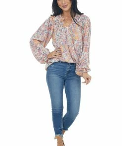 Entro Sunset Floral Print Bubble Sleeve Blouse