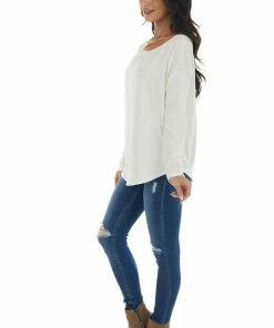 143 Story Tops Off White Lightweight Stretchy Knit Top With Long Sleeves