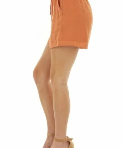 Staccato Tawny Orange Elastic Waist Shorts With Pockets