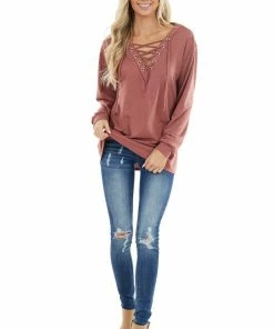 BiBi Tops Marsala Long Sleeve Knit Top With Lace Up V Neck Detail
