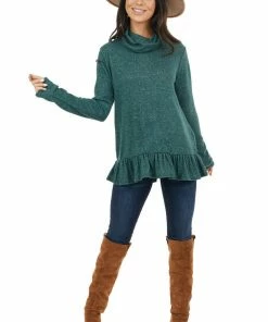 Staccato Pine Green Two Tone Cowl Neck Top With Ruffle Hem