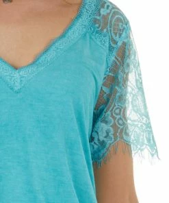 POL Clothing Tops Teal V Neck Short Sleeve Top With Lace Detail