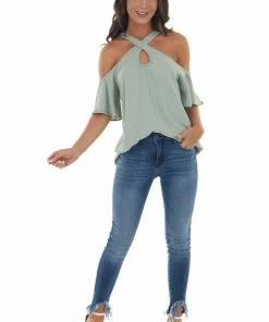 143 Story Sage Cold Shoulder Blouse With Criss Cross Halter Neck