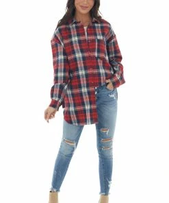 Vine & Love Crimson And Navy Plaid Chest Pocket Flannel