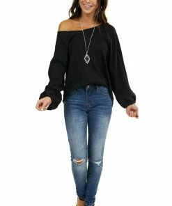 Umgee Tops Heathered Black Knit Top With Contrast Knit Bubble Sleeves