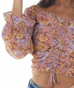 Illa Illa Dusty Rose Floral Print Ruched Front Crop Top Tops