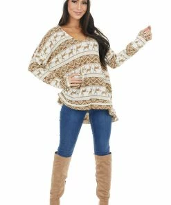 Lovely J Camel And Ivory Holiday Print Oversized Long Sleeve Top 32 Lovely J Camel And Ivory Holiday Print Oversized Long Sleeve Top