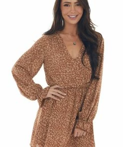 Peach Love Cognac And Camel Leopard Surplice Short Dress Dresses