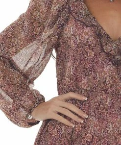 Peach Love Dresses Plum Floral Dress With Metallic Threading