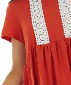 AND THE WHY Rust Short Sleeve Top With Lace Detail 17 AND THE WHY Rust Short Sleeve Top With Lace Detail