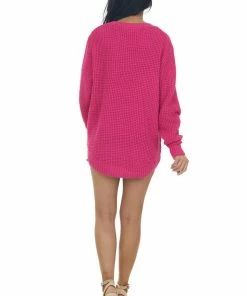 ZENANA Tops Magenta Thick Waffle Knit Curved Hem Sweater