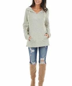 Cotton Bleu Tops Sage And Ivory Striped Long Sleeve Lightweight Hoodie