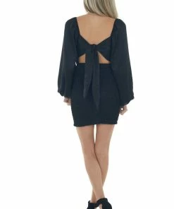 LE LIS Dresses Black Silky Smocked Long Sleeve Short Dress 35 LE LIS Dresses Black Silky Smocked Long Sleeve Short Dress