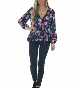 Peach Love Black Floral Print Satin Surplice Top With Tie