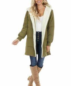 Style Melody Olive Hooded Puffer Coat With Button And Zip Up Closure Outerwear