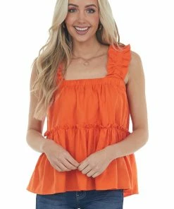 Entro Fire Orange Tank Top With Thick Ruffled Straps Tops