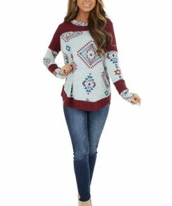 RAE MODE Burgundy Two Tone Aztec Print Knit Top With Raw Edge Details 31 RAE MODE Burgundy Two Tone Aztec Print Knit Top With Raw Edge Details