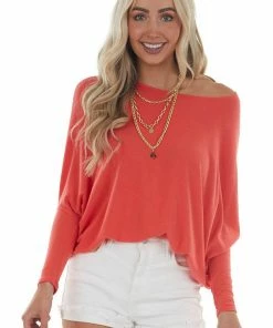 Charlotte Avery Scarlet Round Neck Top With Long Dolman Sleeves Tops