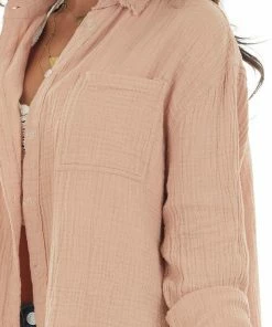 La Miel Tops Apricot Button Up Top With Frayed Edges Detail 15 La Miel Tops Apricot Button Up Top With Frayed Edges Detail