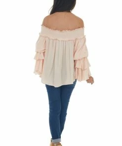Easel Tea Rose Off Shoulder Tiered Ruffle Sleeve Top Tops