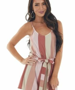 Fantastic Fawn Rust Striped Sleeveless Knit Romper With Tie Dresses