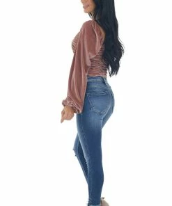 She + Sky Dusty Rose Long Puff Sleeve Ruched Velvet Top