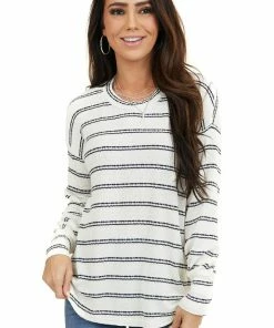 Staccato Ivory And Black Striped Knit Top With Long Sleeves Tops