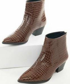 East Lion Corp. Cinnamon Crocodile Textured Heeled Bootie Shoes