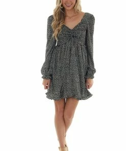 She + Sky Black Ditsy Leaf Print Long Sleeve Short Dress Dresses
