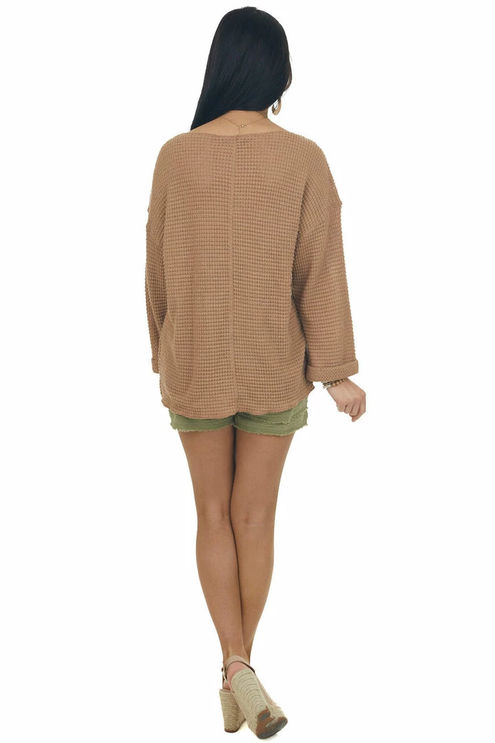 Jodifl Camel Waffle Knit Notch Neck Top With Loose Long Sleeves Tops 14 Jodifl Camel Waffle Knit Notch Neck Top With Loose Long Sleeves Tops