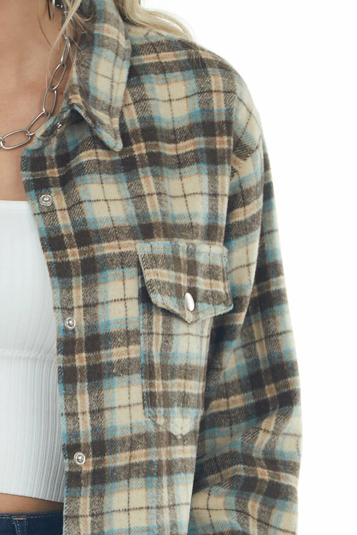 Kori America Beige Plaid Woven Shacket With Chest Pockets 8 Kori America Beige Plaid Woven Shacket With Chest Pockets