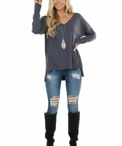 143 Story Stormy Grey Long Sleeve Top With Side Slit Detail Tops