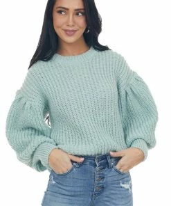GeeGee Arctic Blue Puff Sleeve Thick Knit Sweater Tops
