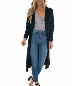 Style Melody Tops Black Longline Open Front Knit Cardigan