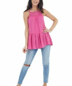 Staccato Hot Pink Swiss Dot Tank Top With Floral Crocheted Lace Neck 31 Staccato Hot Pink Swiss Dot Tank Top With Floral Crocheted Lace Neck