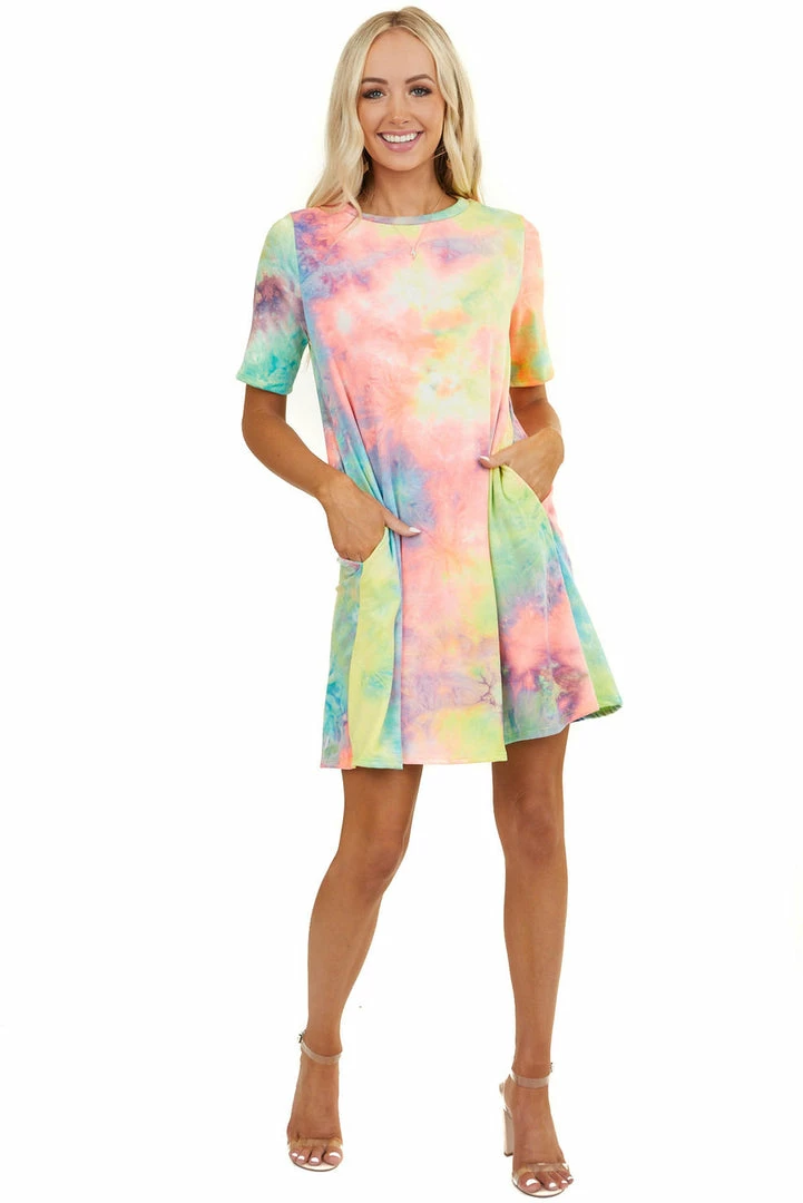 Lime 'N' Chili Multicolor Tie Dye Short Sleeve Dress With Side Pockets 18 Lime 'N' Chili Multicolor Tie Dye Short Sleeve Dress With Side Pockets
