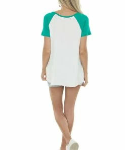 HEIMISH Ivory And Shamrock Raglan Short Sleeve Heart Graphic Top Tops