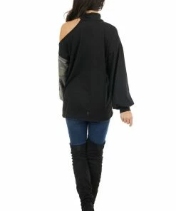 BiBi Black Cold Shoulder Long Sleeve Top With Camouflage Contrast Tops