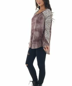 Easel Mauve Tie Dye And Animal Print Long Sleeve Top Tops