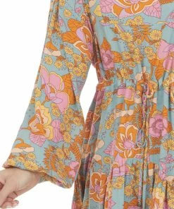 Entro Dusty Arctic Blue Floral Print Peasant Dress Dresses