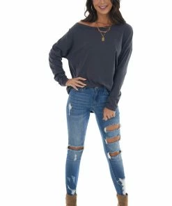 143 Story Stormy Blue Lightweight Stretchy Knit Top With Long Sleeves
