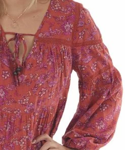 Easel Rust Floral Print Mini Dress With Long Sleeves Dresses