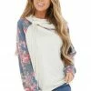 12PM Tops Cream And Dusty Cornflower Floral Hoodie With Drawstrings