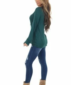BiBi Tops Dark Pine Long Sleeve Knit Top With One Caged Cold Shoulder