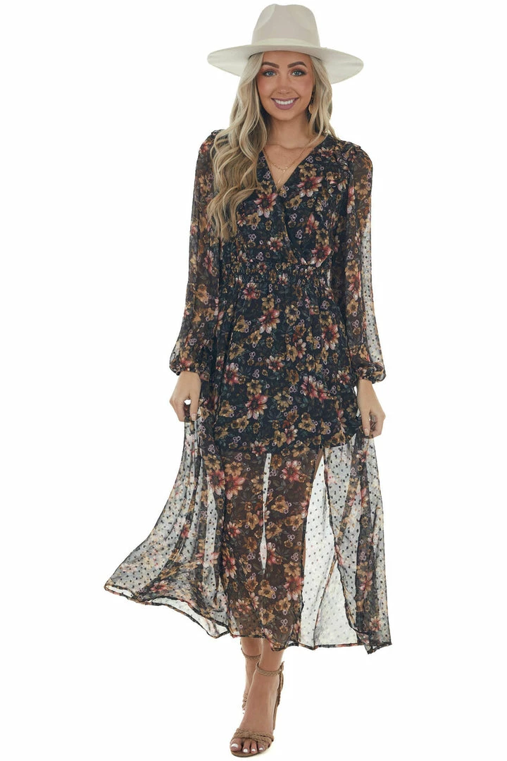 Peach Love Mustard Floral Swiss Dot V Neck Maxi Dress Dresses 14 Peach Love Mustard Floral Swiss Dot V Neck Maxi Dress Dresses