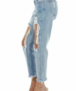 Cello Jeans Bottoms Medium Wash Mid Rise Distressed Jeans With Frayed Detail