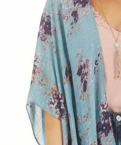 ANGIE Teal Floral Print Half Sleeve Kimono With Side Slits