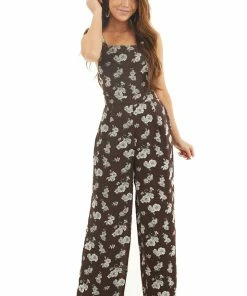 Sadie & Sage Chocolate Floral Print High Neck Jumpsuit With Side Pockets
