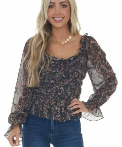 FSL APPAREL Tops Black Paisley Print Smocked Back Peplum Blouse